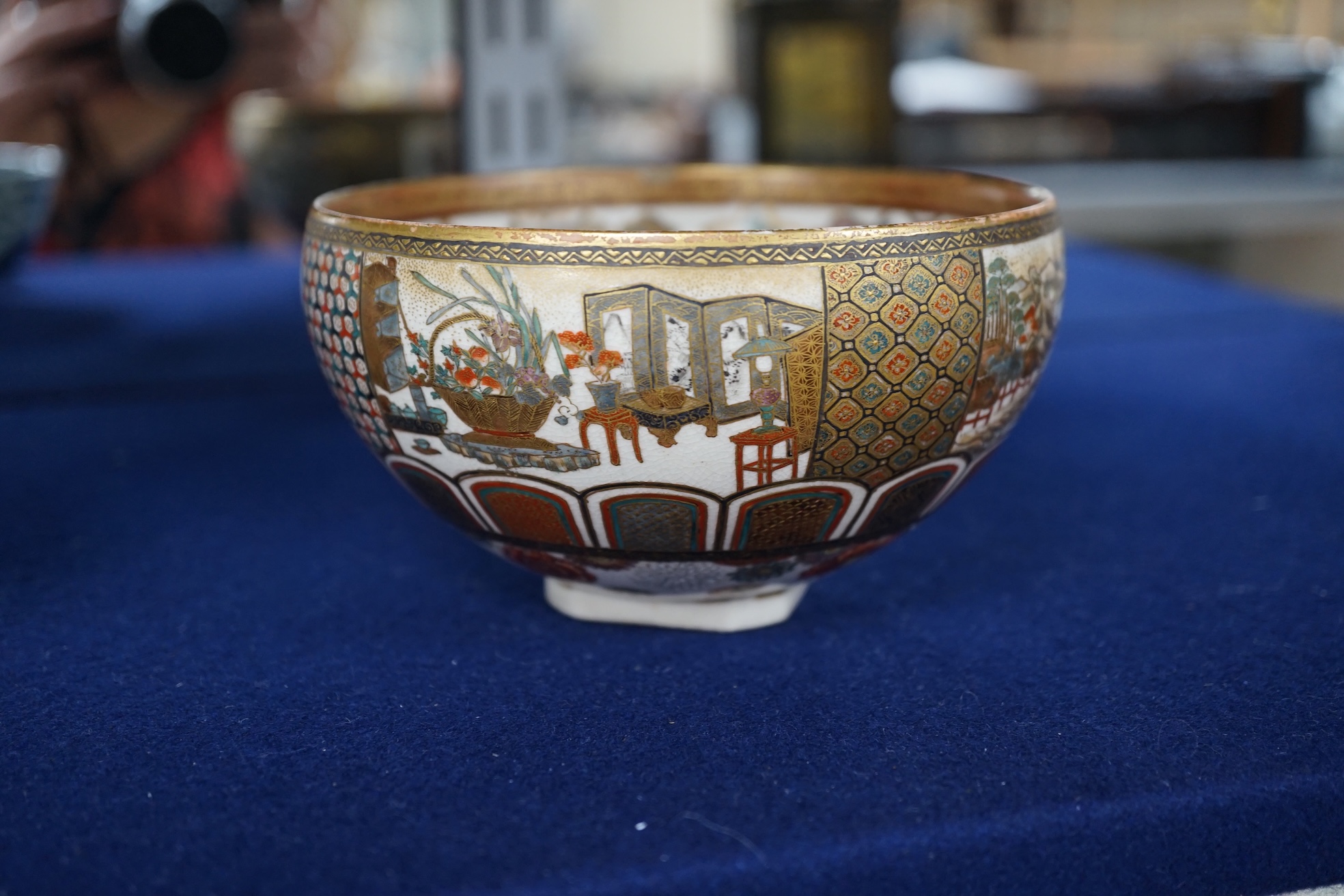 A Satsuma pottery bowl, Meiji period, 13cm diameter. Condition - cracked and chipped